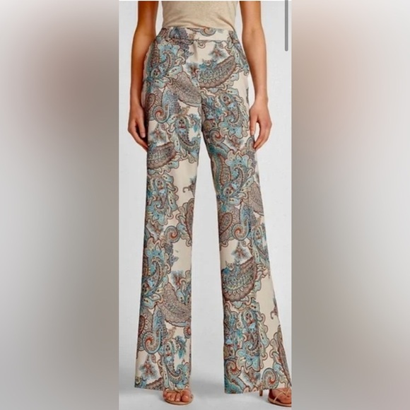 Express Paisley Wide-Leg Pants in Cream and Blue - Picture 1 of 8